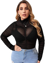 Load image into Gallery viewer, Mock Neck Black Sheer Mesh Long Sleeve Plus Size Blouse
