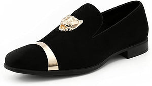 Men's Black/Green Gold Tiger Head High Quality Velvet Loafer Dress Shoes