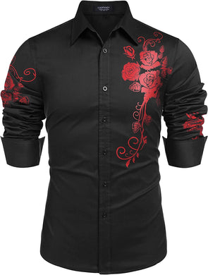 Men's Black Rose Print Button Down Long Sleeve Shirt