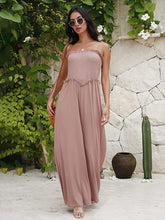 Load image into Gallery viewer, Island Beach Style Khaki Loose Fit Smocked Wide Leg Jumpsuit