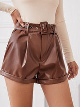 Load image into Gallery viewer, Faux Leather Brown High Waist Flap Pocket PU Leather Shorts