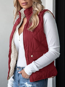 Reversible Wine Red Quilted Sherpa Fleece Sleeveless Vest