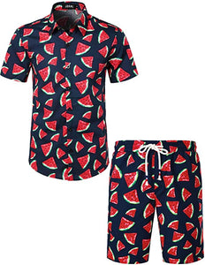 Men's Red Short Sleeve Floral Printed Shorts Set