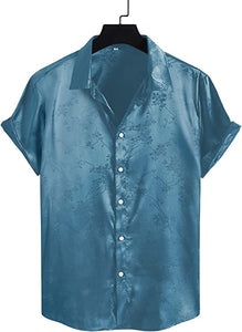 Men's Navy Blue Floral Satin Button Up Short Sleeve Shirt