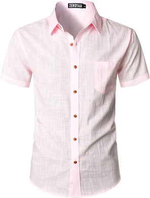 Men's Pink Linen Button Up Short Sleeve Shirt