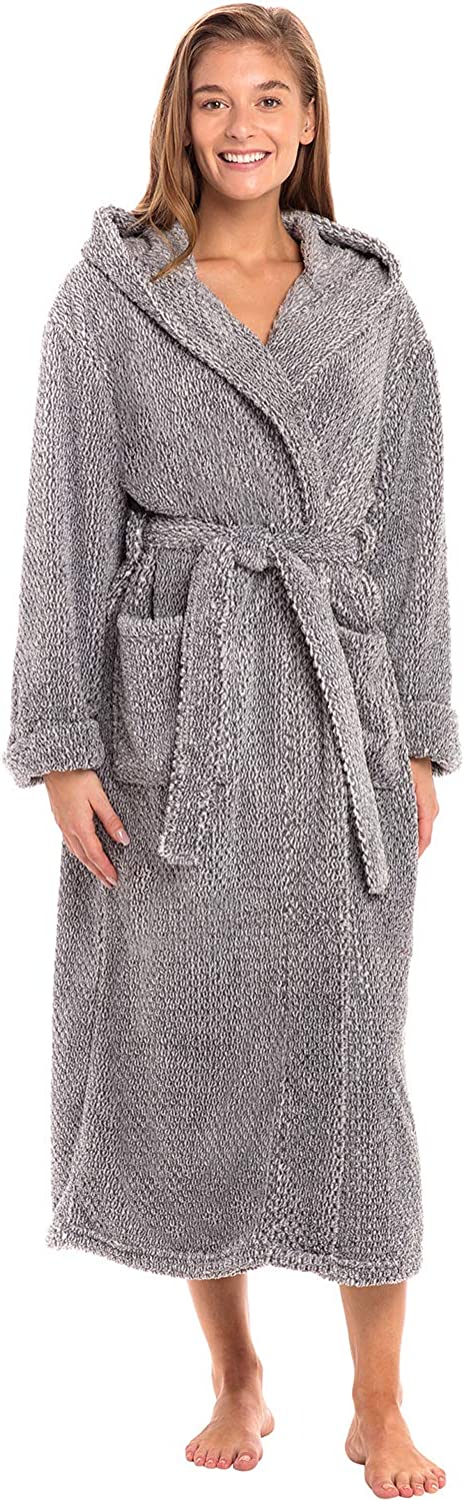 Comfy Gray Warm Fleece Long Plush Hooded Bathrobe
