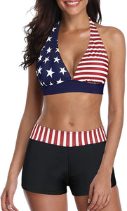Athletic Halter American Flag Two Piece Swimwear Set