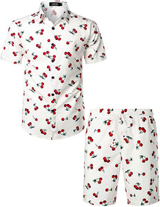 Men's White Cherry Printed Casual Short Sleeve Shirt & Shorts Set