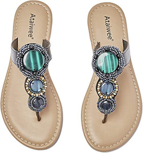 Summer Beaded Embellished Vegan Brown Casual Flat Sandals