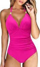 Load image into Gallery viewer, Encore Ruched Halter V-Neck One Piece Swimsuits