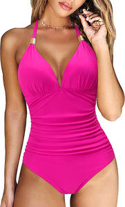 Encore Ruched Halter V-Neck One Piece Swimsuits