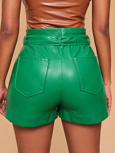 Faux Leather Green High Waist Flap Pocket PU Leather Shorts