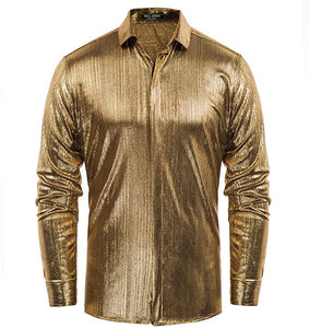 Men's Metallic Gold Long Sleeve Button Up Dress Shirt