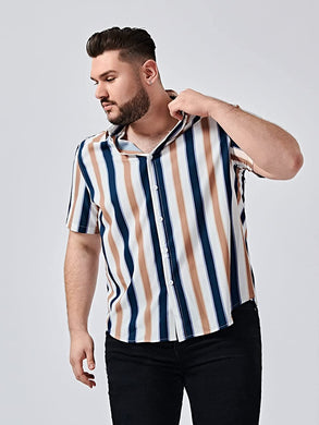 Men's Big & Tall Blue-White Stripe Casual Short Sleeve Button Down Shirt
