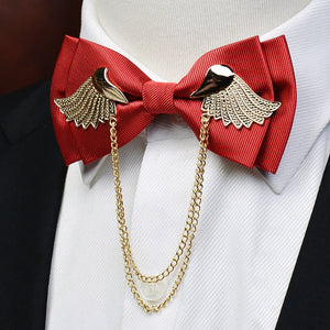 Men's Red Adjustable Metal Golden Wings Chained Bowtie