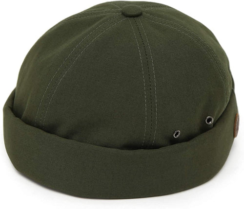 Men's Army Green Brimless Leather Strap Beanie Cap