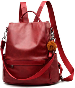 Burgundy Red Faux Leather Waterproof Backpack