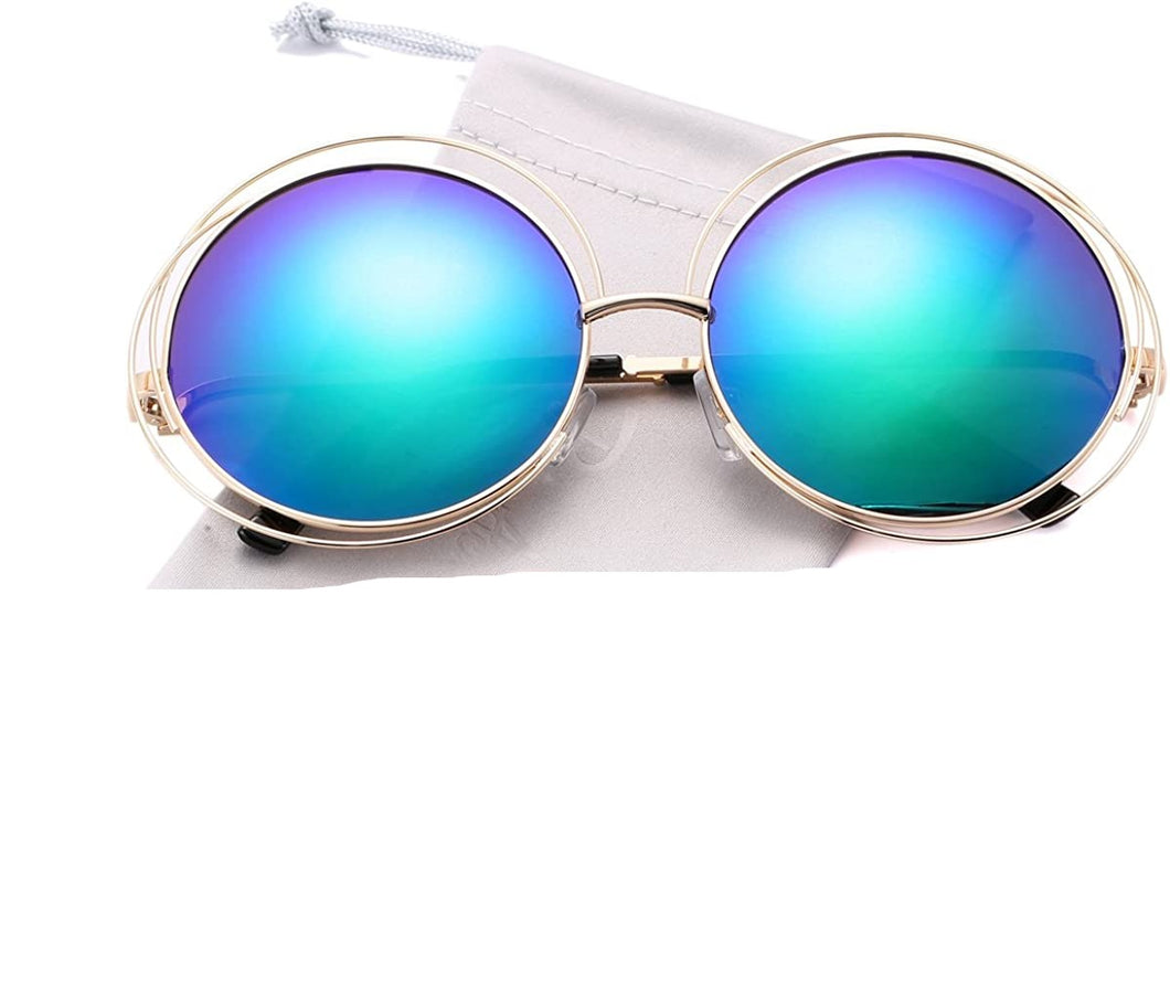 Green Double Metal Wire Frame Oversized Round Sunglasses