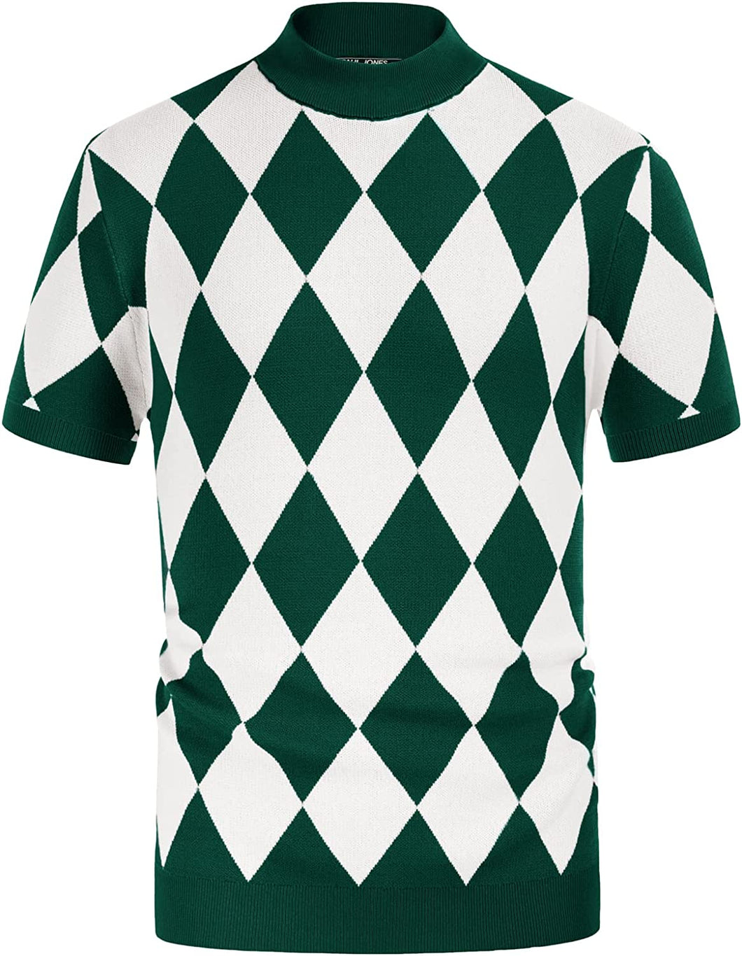 Men's White/Green Diamond Pattern Short Sleeve Sweater