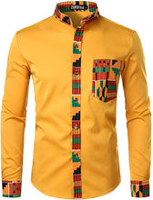Load image into Gallery viewer, Men&#39;s Yellow Kente Tribal Embroidered Long Sleeve Button Down Shirt