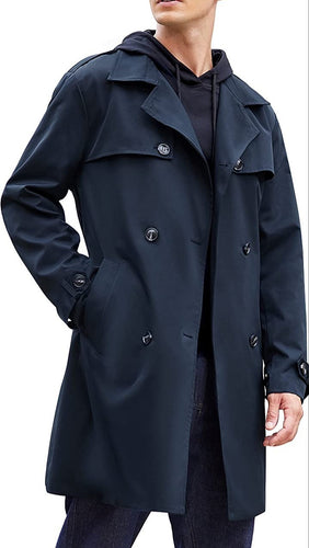 Men's Trench Coat Navy Blue Notch Belt Lightweight Windbreaker