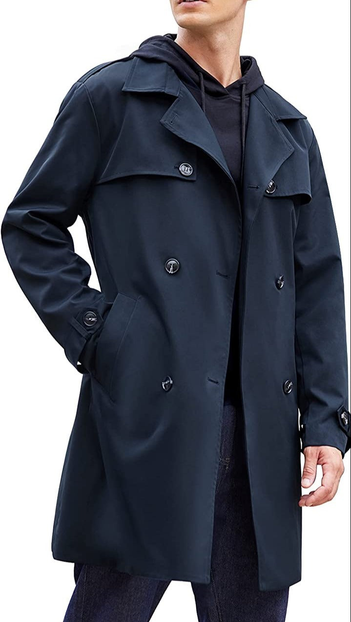 Men's Trench Coat Navy Blue Notch Belt Lightweight Windbreaker