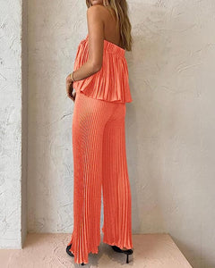 Exclusive Blue Pleated Strapless Wide Leg Jumpsuit