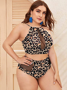 Plus Size Leopard Printed Halter High Waist 2pc Mesh Swimsuit