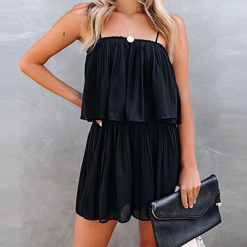 Layered Black Sleeve Pleated Shorts Romper