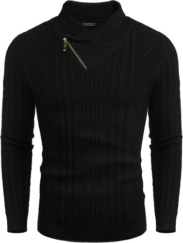 Shawl Collar Black Pullover Cable Knitted Men's Sweater