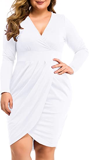 Plus Size White Long Sleeve V Neck Knit Mini Dress