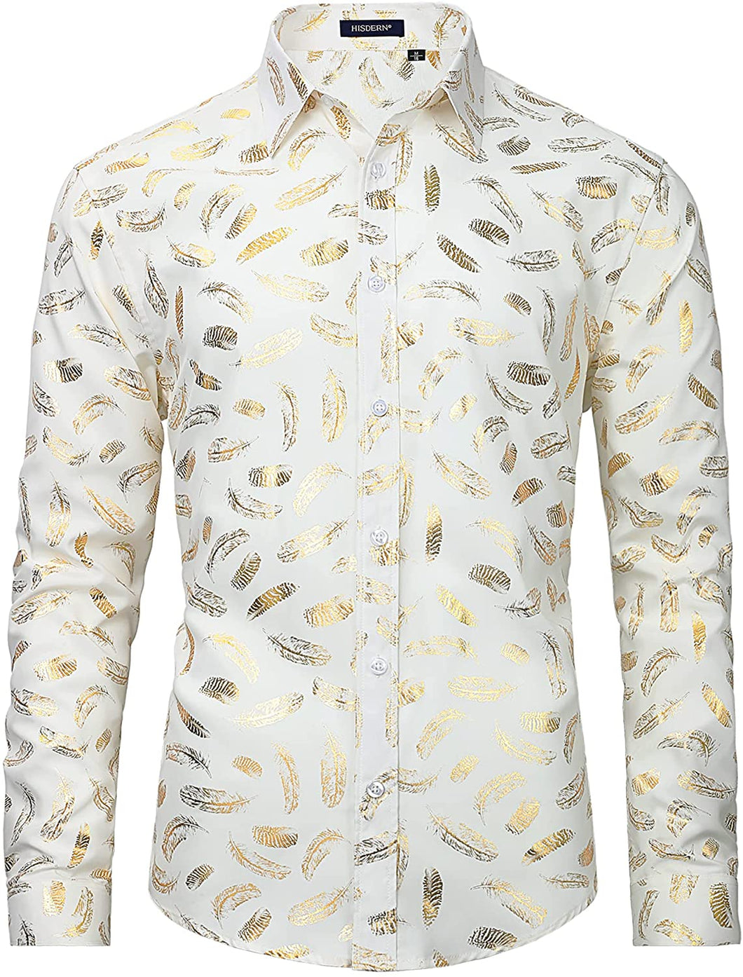 Shiny Luxury White Feather Print Long Sleeve Button Down Men's Shirt