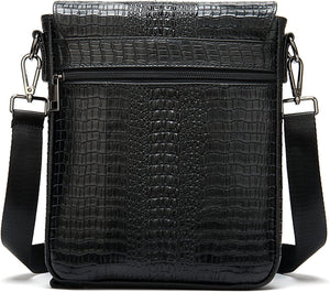 Crocodile Embossed Black Leather Flap Messenger Bag