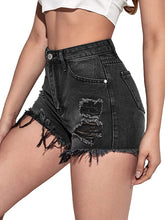 Load image into Gallery viewer, Distressed Denim Black Raw Hem High Waist Shorts