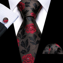 Load image into Gallery viewer, Men&#39;s Gold Print Silk Tie Set w/Handkerchief &amp; Cufflinks