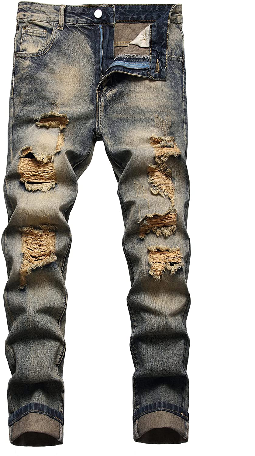 Straight Leg Fashion Brown Distressed DenimJeans