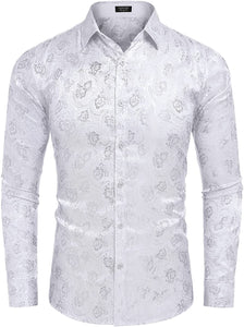 Stylish Paisley White Jacquard Silk Long Sleeve Men's Shirt