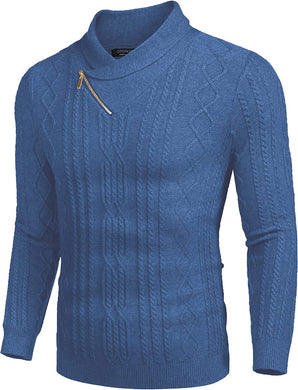 Shawl Collar Blue Pullover Cable Knitted Sweaters