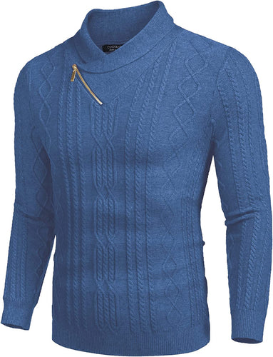 Shawl Collar Blue Pullover Cable Knitted Sweaters