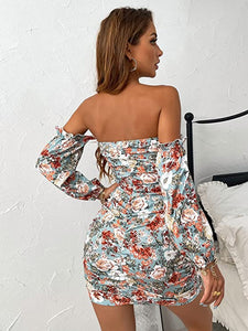 Floral Printed Ruched Strapless Long Sleeve Mini Dress