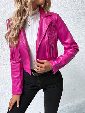 Hot Pink Faux Leather Open Front Cropped Fringe Jacket