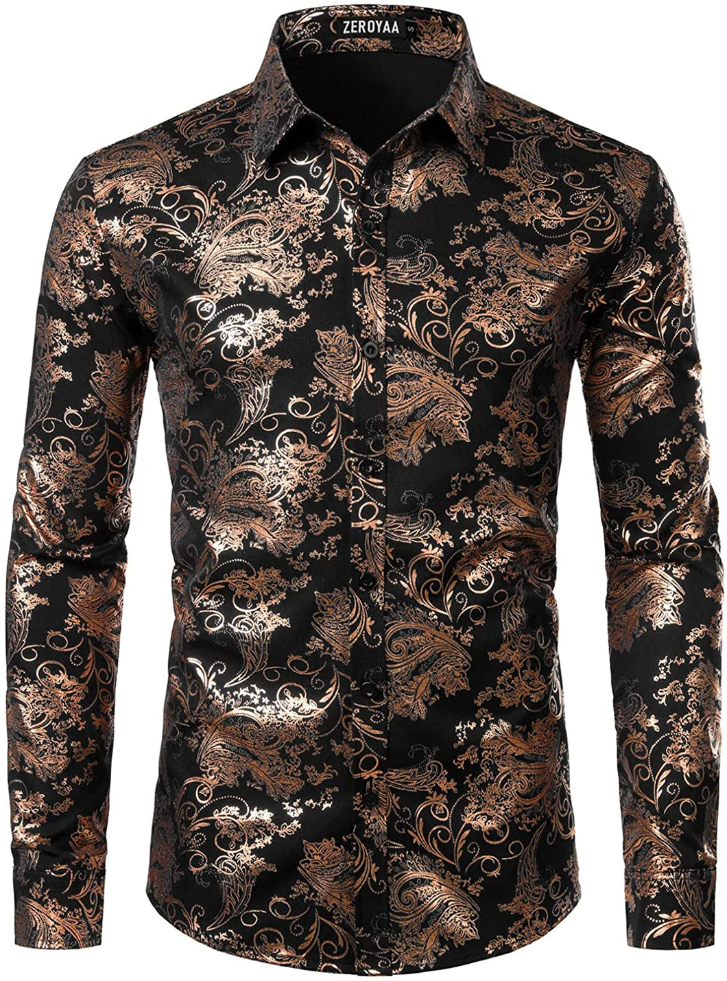 Men's Long Sleeve Black Bronze Paisley Printed Dress Shirt