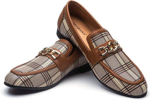 Load image into Gallery viewer, Gold Chain Brown Checkered Faux Leather Men&#39;s Noble Loafer