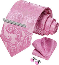 Load image into Gallery viewer, Men&#39;s Paisley Pink Formal Cufflink Tie Clip Set