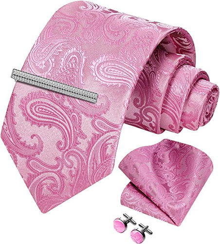Men's Paisley Pink Formal Cufflink Tie Clip Set