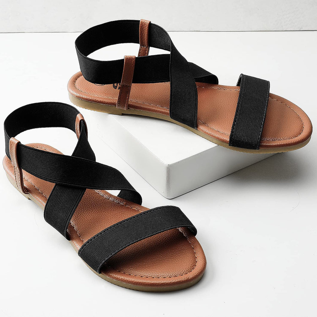 Cross Strap Black Non Slip Flat Elastic Sandals