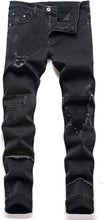 Load image into Gallery viewer, Street Style Black Ripped Stretch Denim Regular Jeans