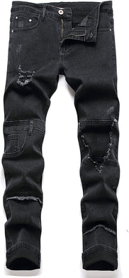 Street Style Black Ripped Stretch Denim Regular Jeans