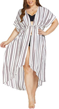 Load image into Gallery viewer, Kimono White Stripe Tie Front Plus Size Long Coverups