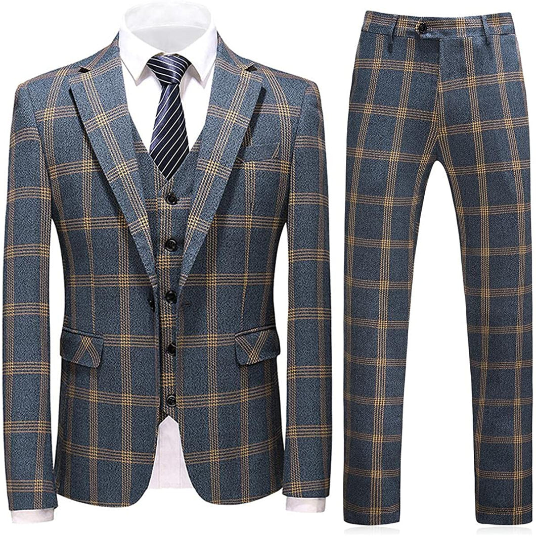 Men's Checkered Blue Slim Fit 3 Piece Tuxedo Set